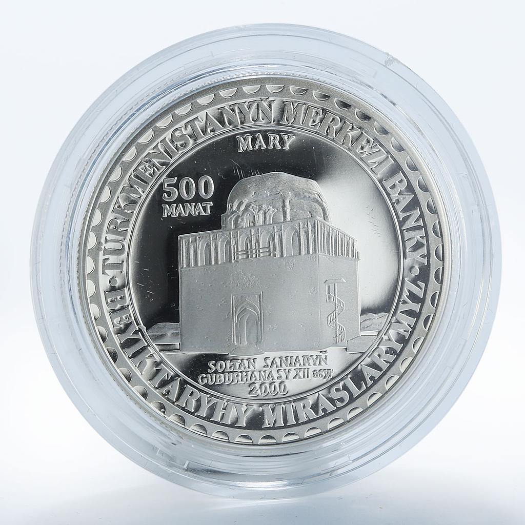 Turkmenistan 500 manat Soltan Sanjar Mausoleum Mary silver proof 2000