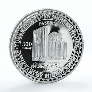 Turkmenistan 500 manat Torebek Khanum Mausoleum Dasoguz silver coins 2000