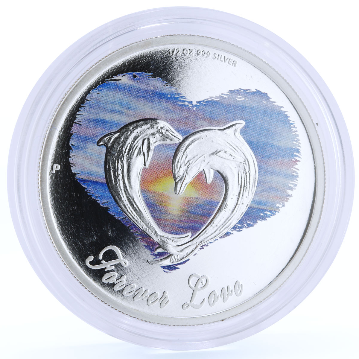 Tuvalu 50 cents Forever Love Clouds Heart Two Dolphins colored silver coin 2013