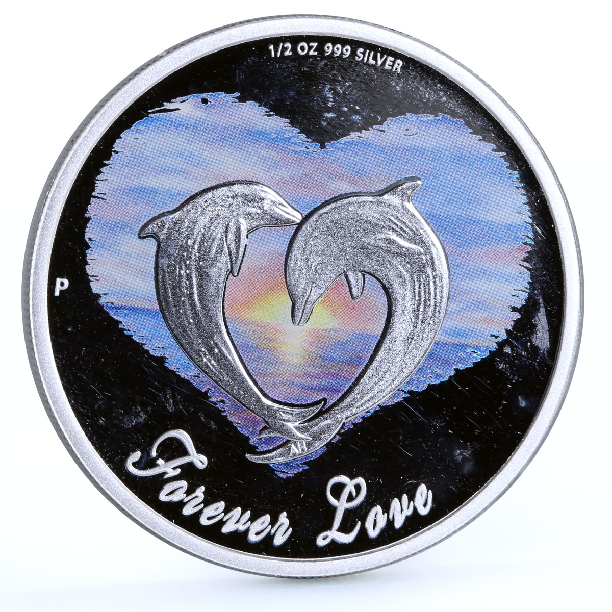 Tuvalu 50 cents Forever Love Clouds Heart Two Dolphins colored silver coin 2013