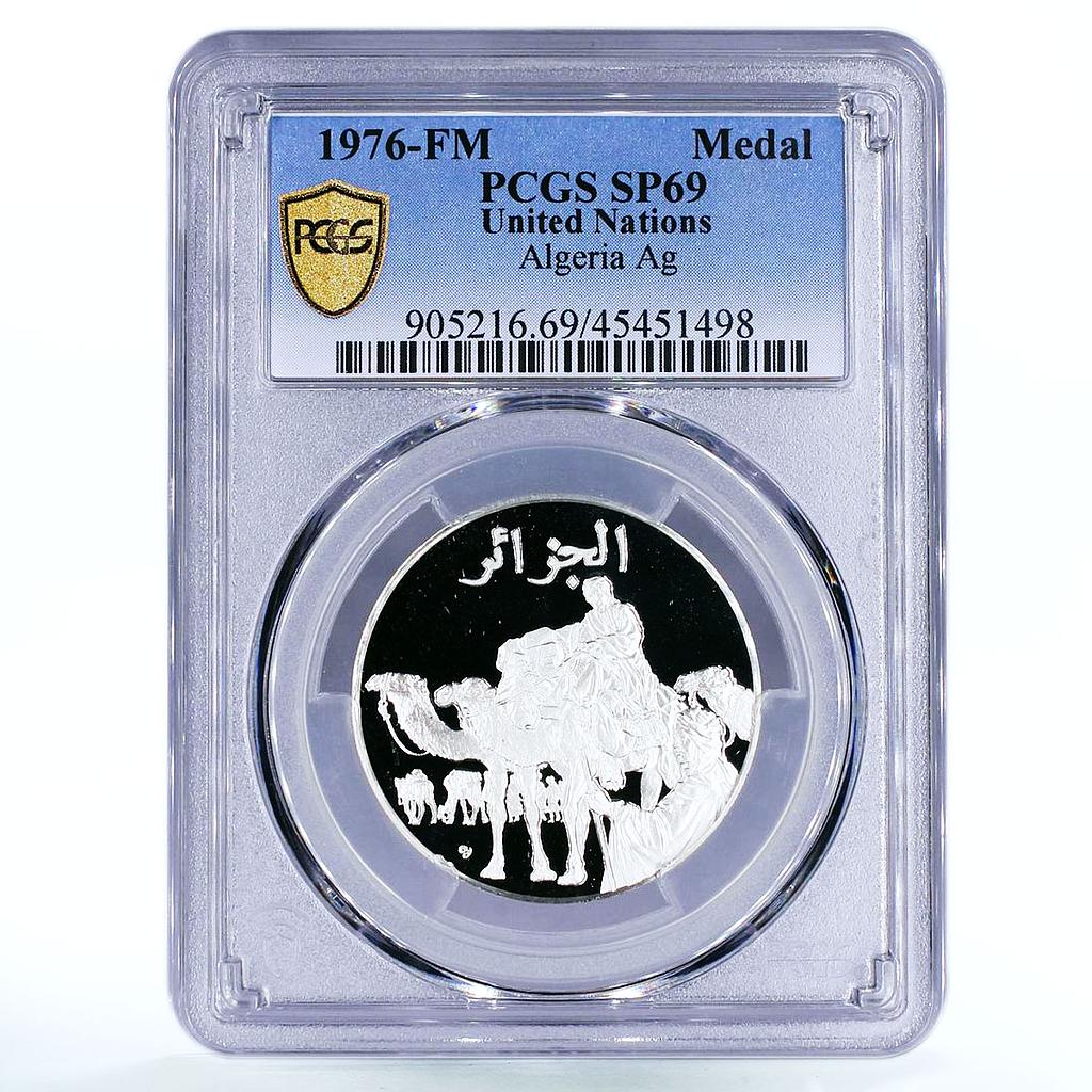 Algeria United Nations People of the World Man Camel SP69 PCGS silver medal 1976