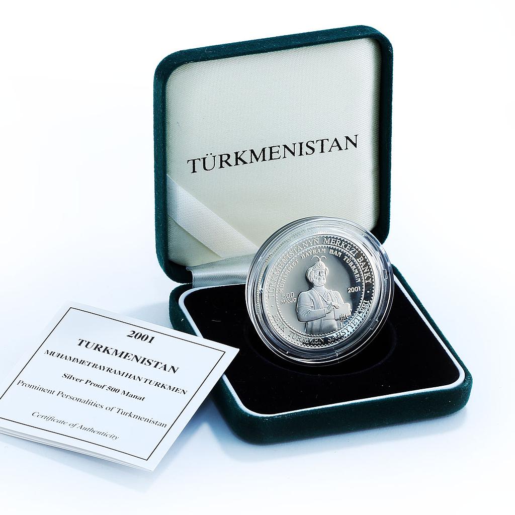 Turkmenistan 500 manat Mohammad Bairam Khan Turkmen silver coin 2001