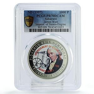 Saharawi 1000 pesetas Steam Engine James Watt PR70 PCGS CuNi coin 1997