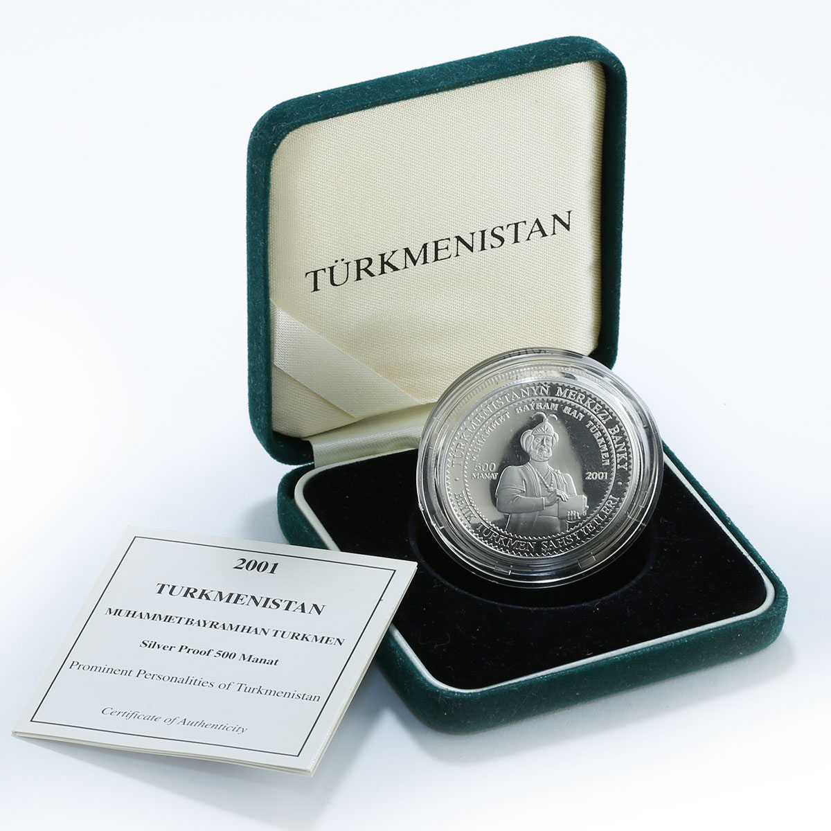 Turkmenistan 500 manat Mohammad Bairam Khan Turkmen silver coin 2001