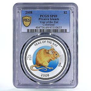 Pitcairn Islands 2 dollars Lunar Calendar Year of the Rat SP69 PCGS Ag coin 2008