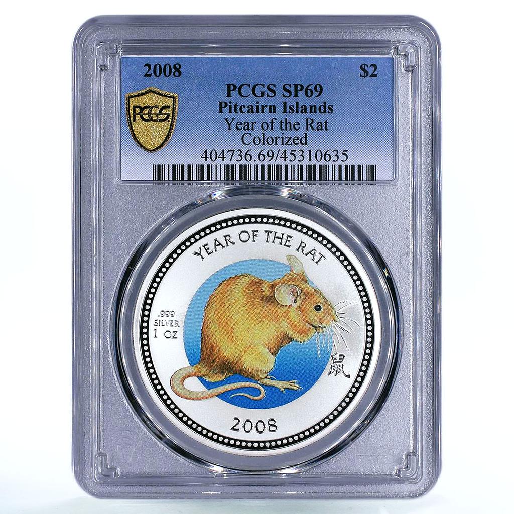 Pitcairn Islands 2 dollars Lunar Calendar Year of the Rat SP69 PCGS Ag coin 2008