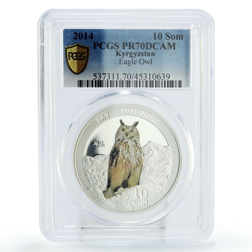 Kyrgyzstan 10 som Eurasian Eagle Owl Bird Fauna PR70 PCGS  silver coin 2014