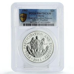 Liberia 20 dollars Year of Disabled Persons PR67 PCGS silver piedfort coin 1983