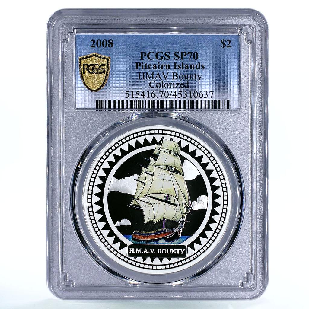 Pitcairn Islands 2 dollars HMAV Bounty Ship SP70 PCGS colored silver coin 2008