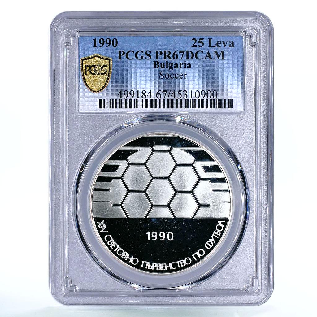 Bulgaria 25 leva Football World Cup in Mexico Ball Emblem PR67 PCGS Ag coin 1990