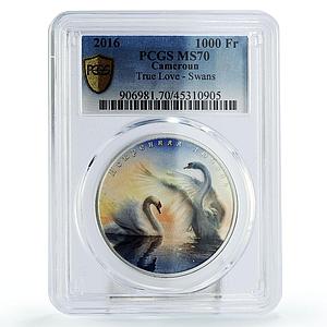 Cameroon 1000 francs True Love Swans Birds MS70 PCGS colored silver coin 2016