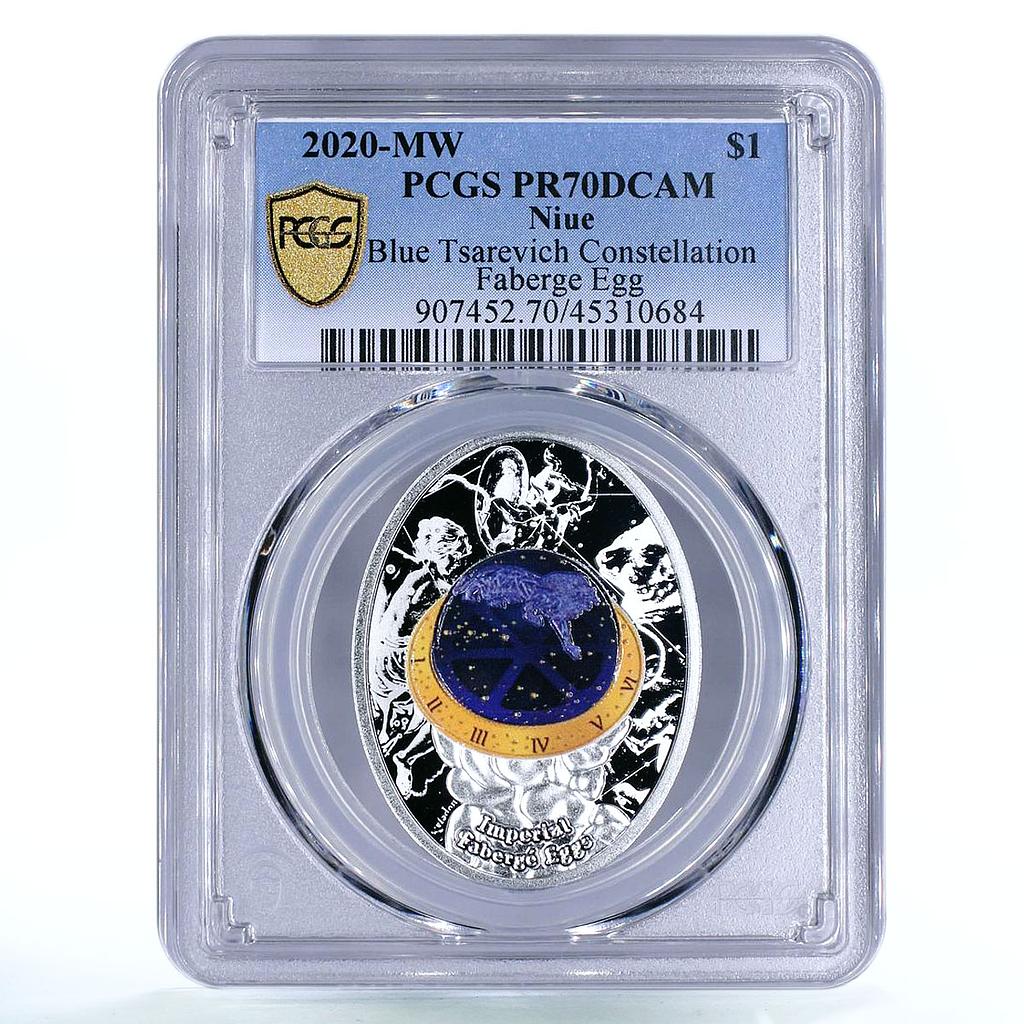 Niue 1 dollar Blue Tsarevich Faberge Egg Angels Art PR70 PCGS silver coin 2020
