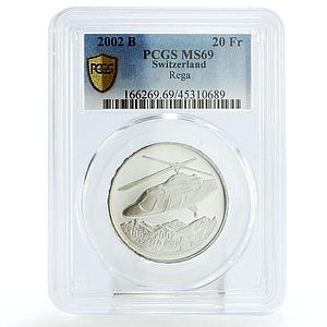 Switzerland 20 francs Vehicles Helicopter Rega Mountains MS69 PCGS Ag coin 2002