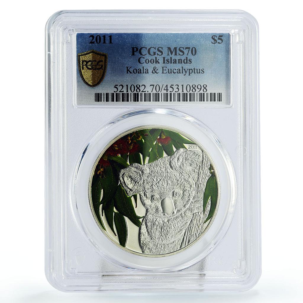 Cook Islands 5 dollars Koala Eucalyptus Fauna Flora MS70 PCGS silver coin 2011