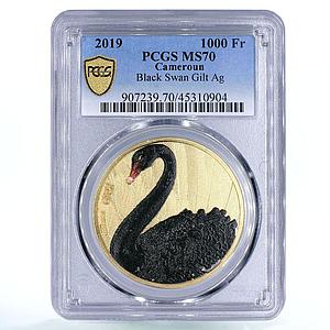 Cameroon 1000 francs Black Swan Bird Fauna MS70 PCGS gilded silver coin 2019