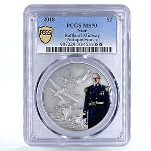 Niue 2 dollars WWII Midway Battle Ships Plane Nimitz MS70 PCGS silver coin 2018