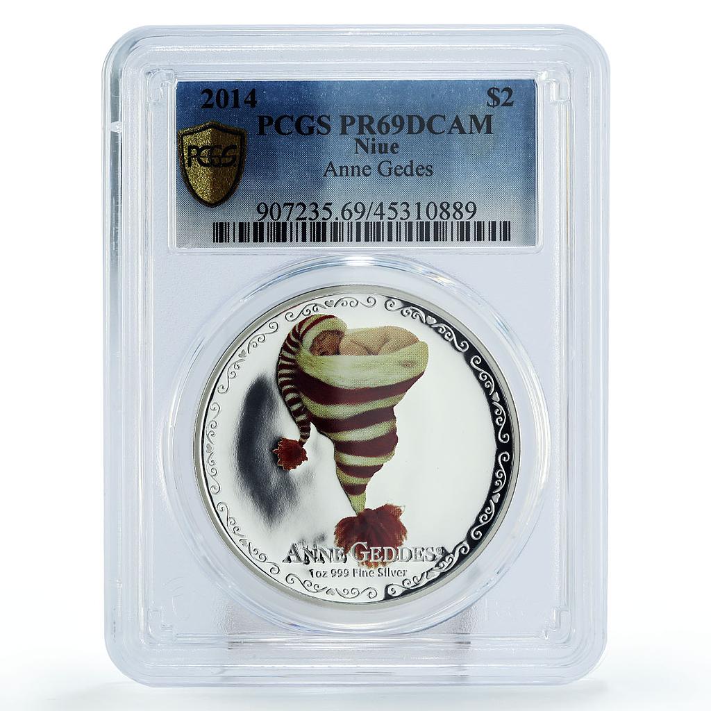 Niue 2 dollars Anne Geddes Art Baby Christmas Sock PR69 PCGS silver coin 2014