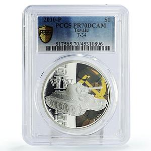 Tuvalu 1 dollar WWII Tanks Soviet T - 34 USSR Arms PR70 PCGS silver coin 2010