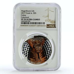 Cook Islands 5 dollars Wildlife Cobra Snake Fauna PF70 NGC colored Ag coin 2017