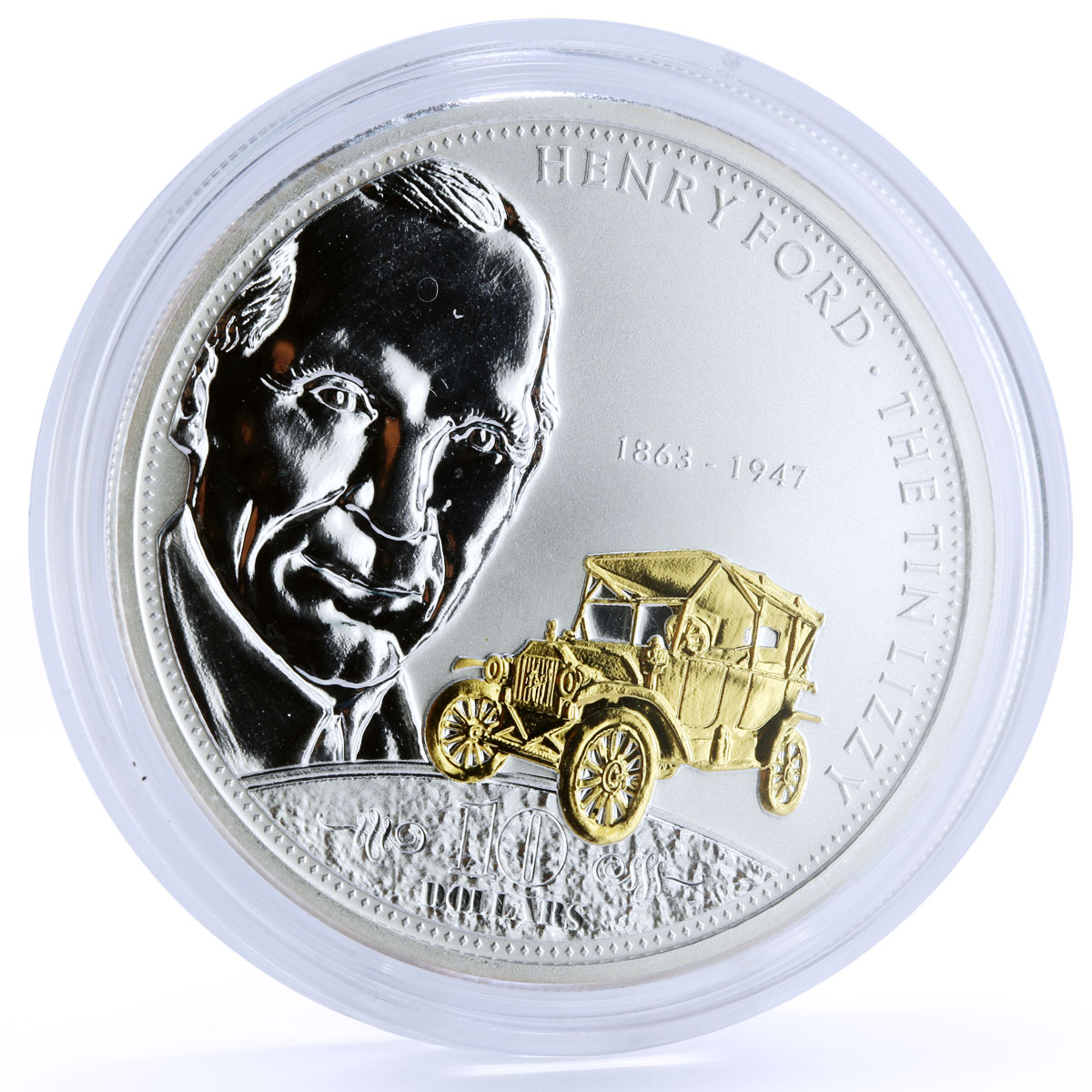 Cook Islands 10 dollars Henry Ford and The Tin Lizzy Car gilded silver coin 2008