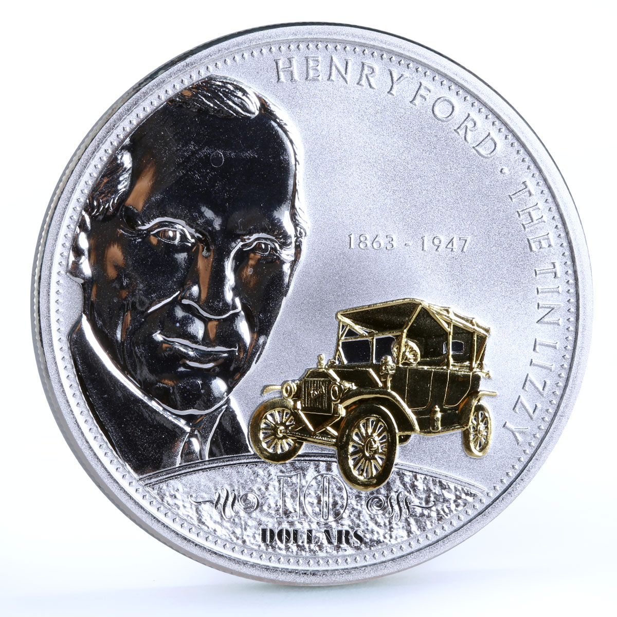 Cook Islands 10 dollars Henry Ford and The Tin Lizzy Car gilded silver coin 2008