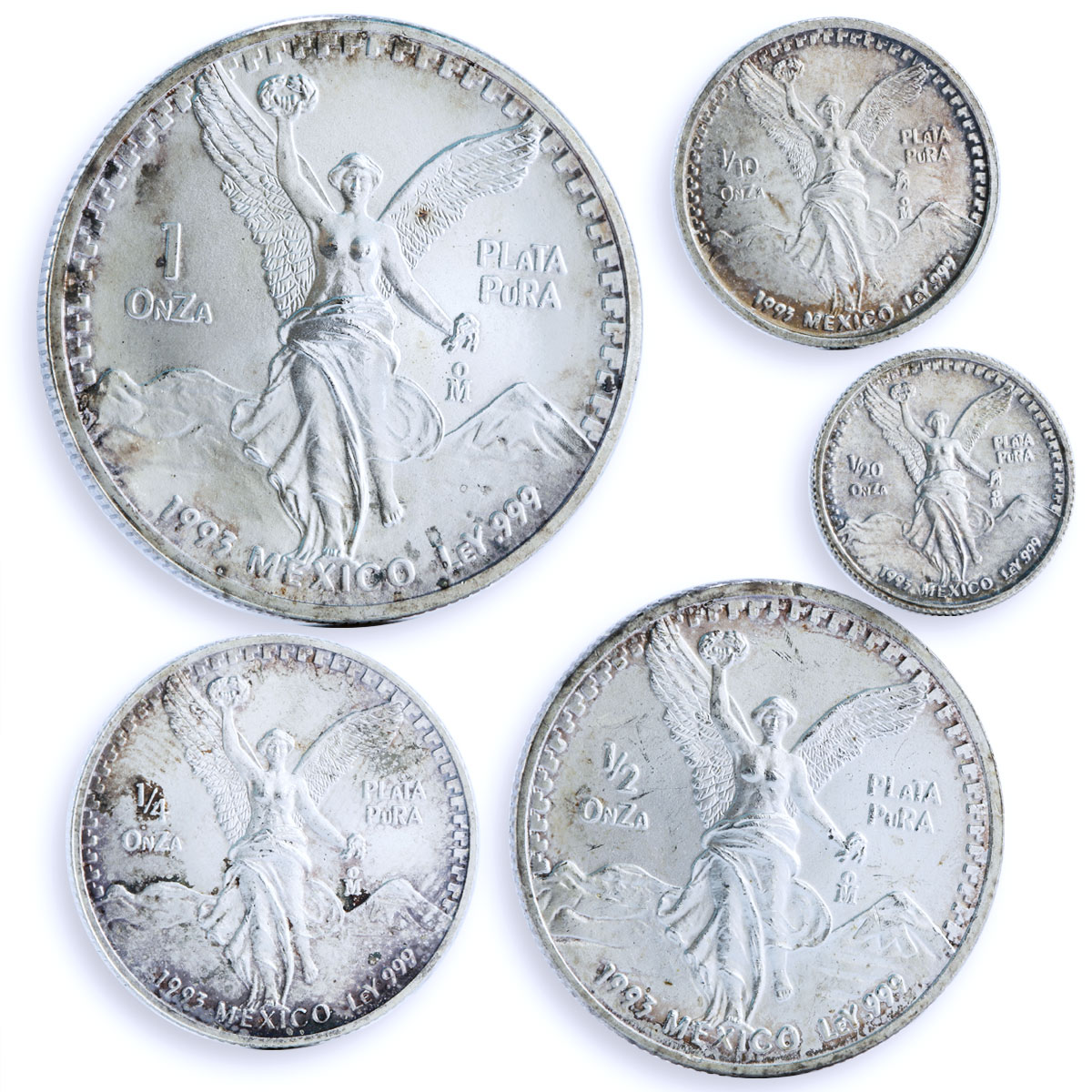 Mexico set of 5 coins Libertad Angel of Independence Freedom silver coins 1993