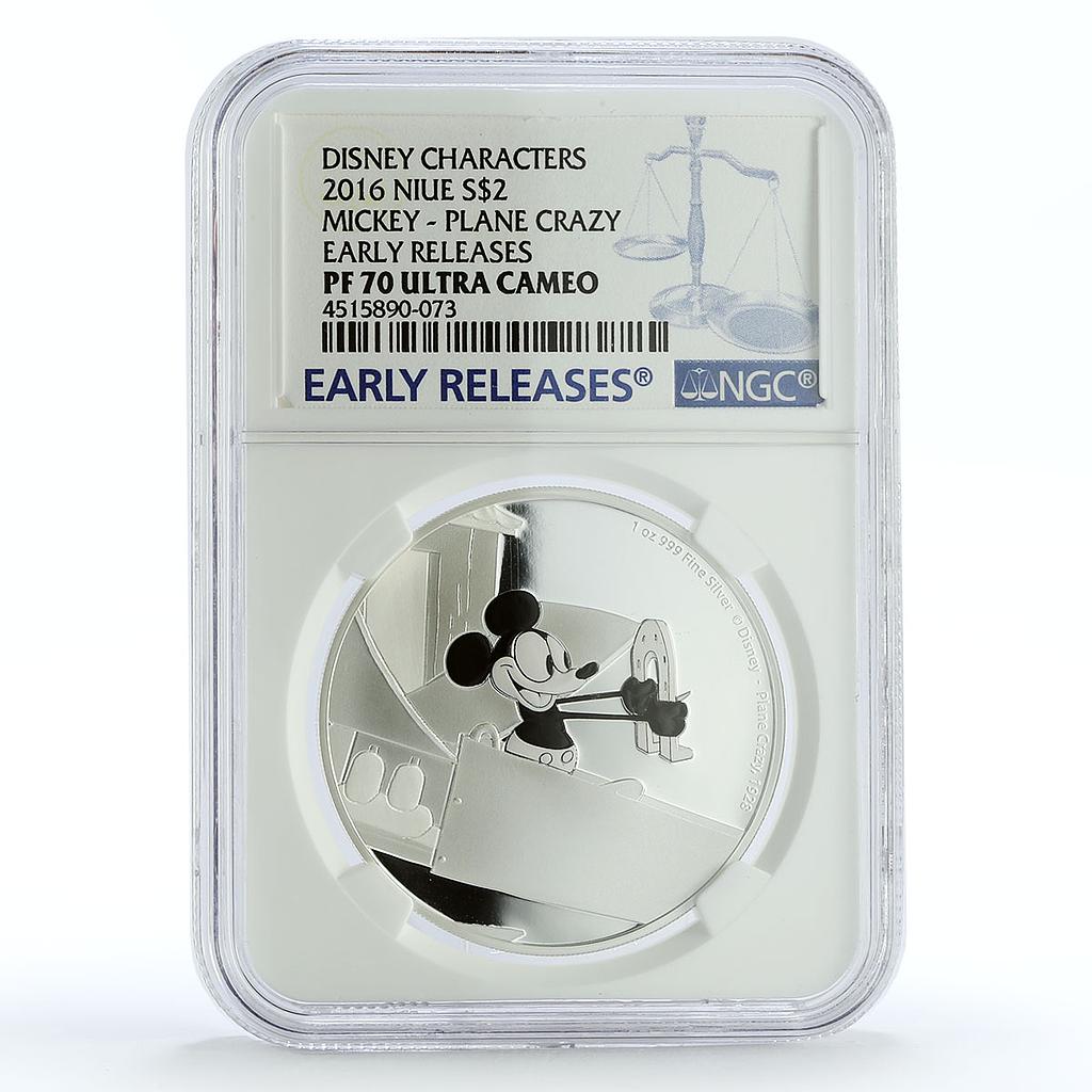 Niue 2 dollars Cartoons Mickey Mouse Plane Crazy PF70 NGC Ag coin 2016