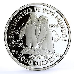 Ecuador 5000 sucres Ibero America Penguins Fauna Animals proof silver coin 1994