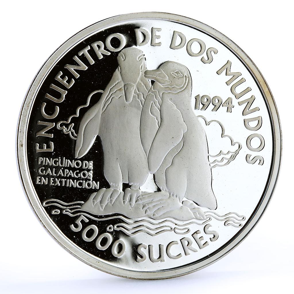 Ecuador 5000 sucres Ibero America Penguins Fauna Animals proof silver coin 1994