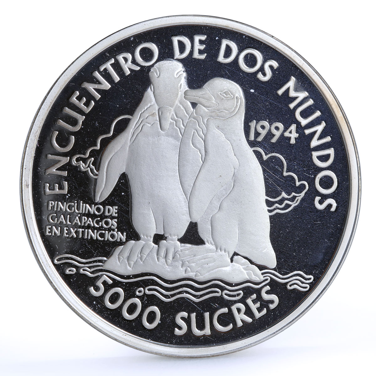 Ecuador 5000 sucres Ibero America Penguins Fauna Animals proof silver coin 1994