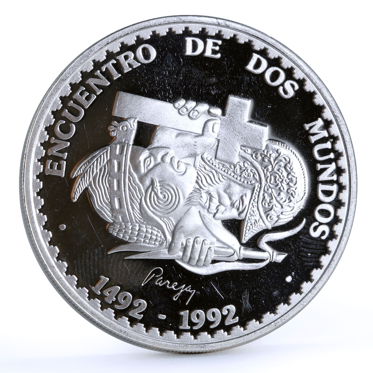 Peru 1 sol Meeting of Two Worlds Spanish Conquistador Indian silver coin 1991