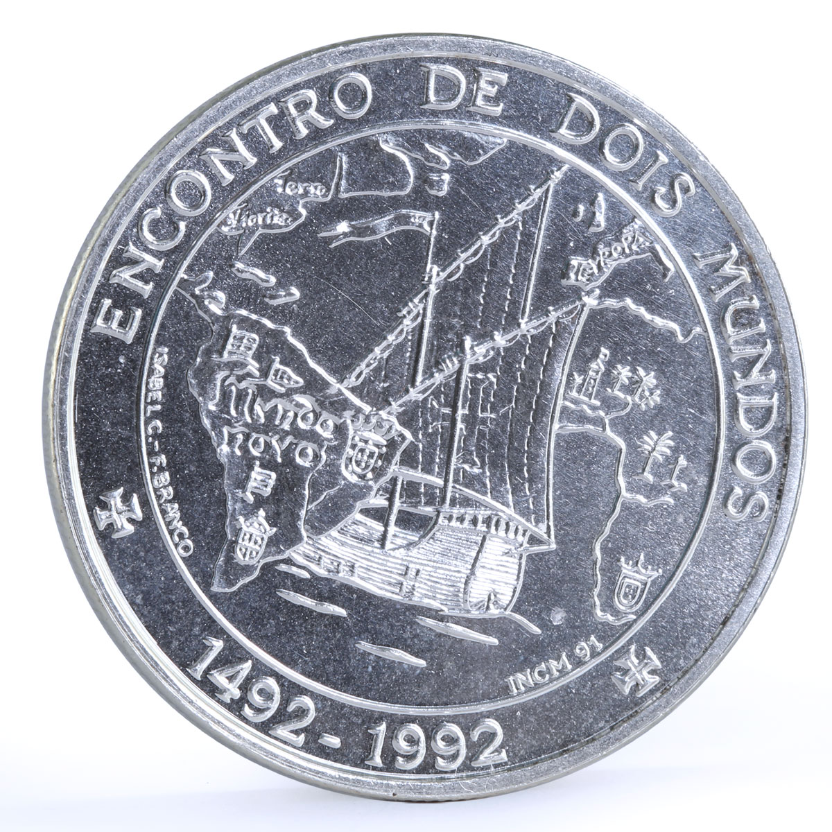 Portugal 1000 escudos Meeting of Two Worlds Ship Clipper Boat silver coin 1992