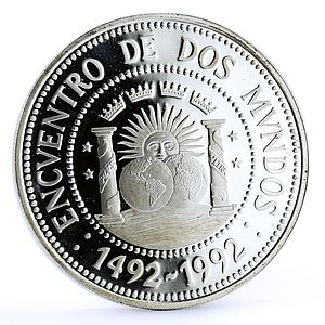 Argentina 1000 australes Encounter of Two Worlds Sun Emblem silver coin 1991