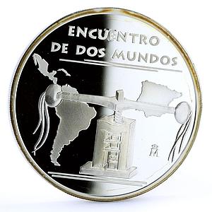 Spain 8 reales Encounter of Two Worlds Ibero America Fly Press Map Ag medal 2010