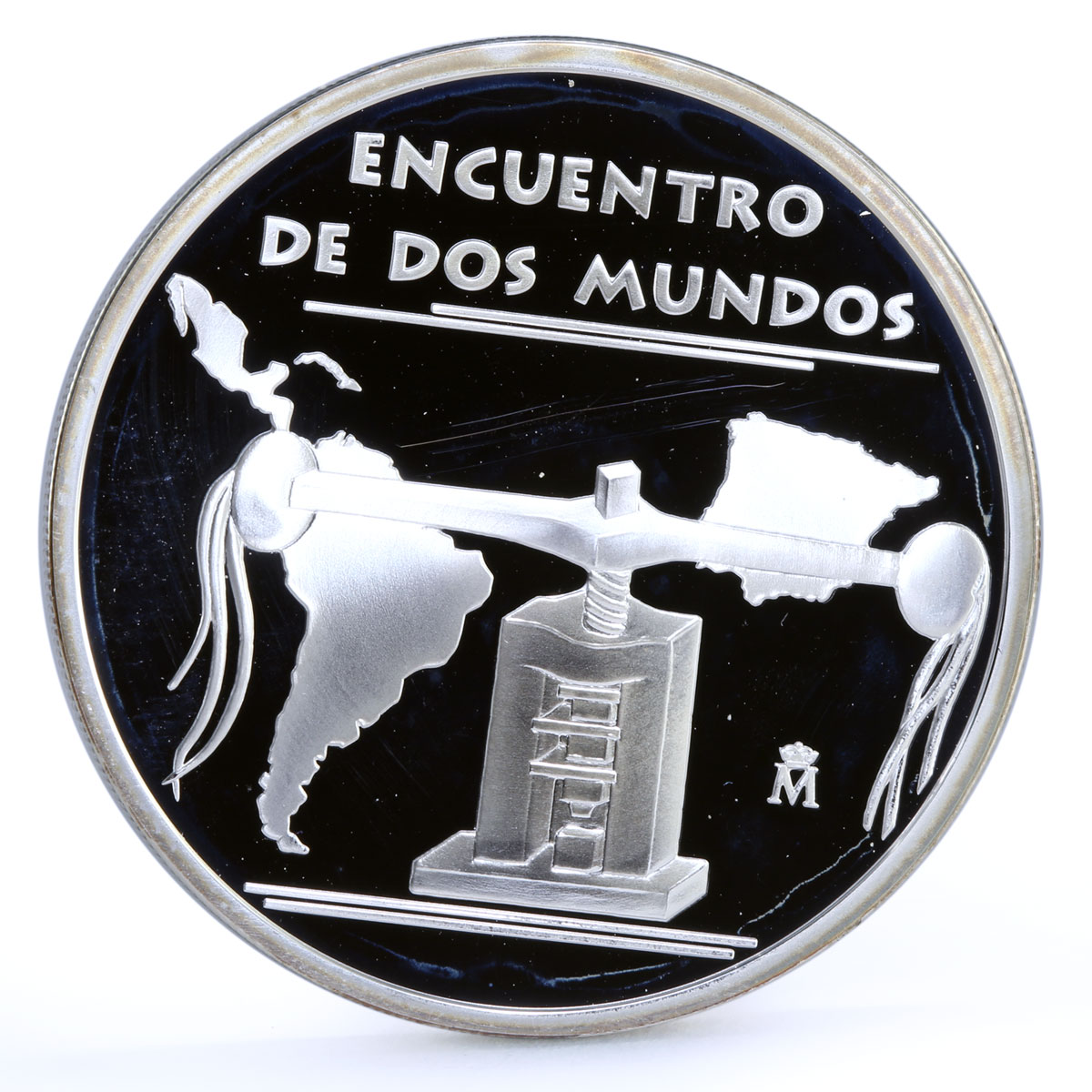 Spain 8 reales Encounter of Two Worlds Ibero America Fly Press Map Ag medal 2010