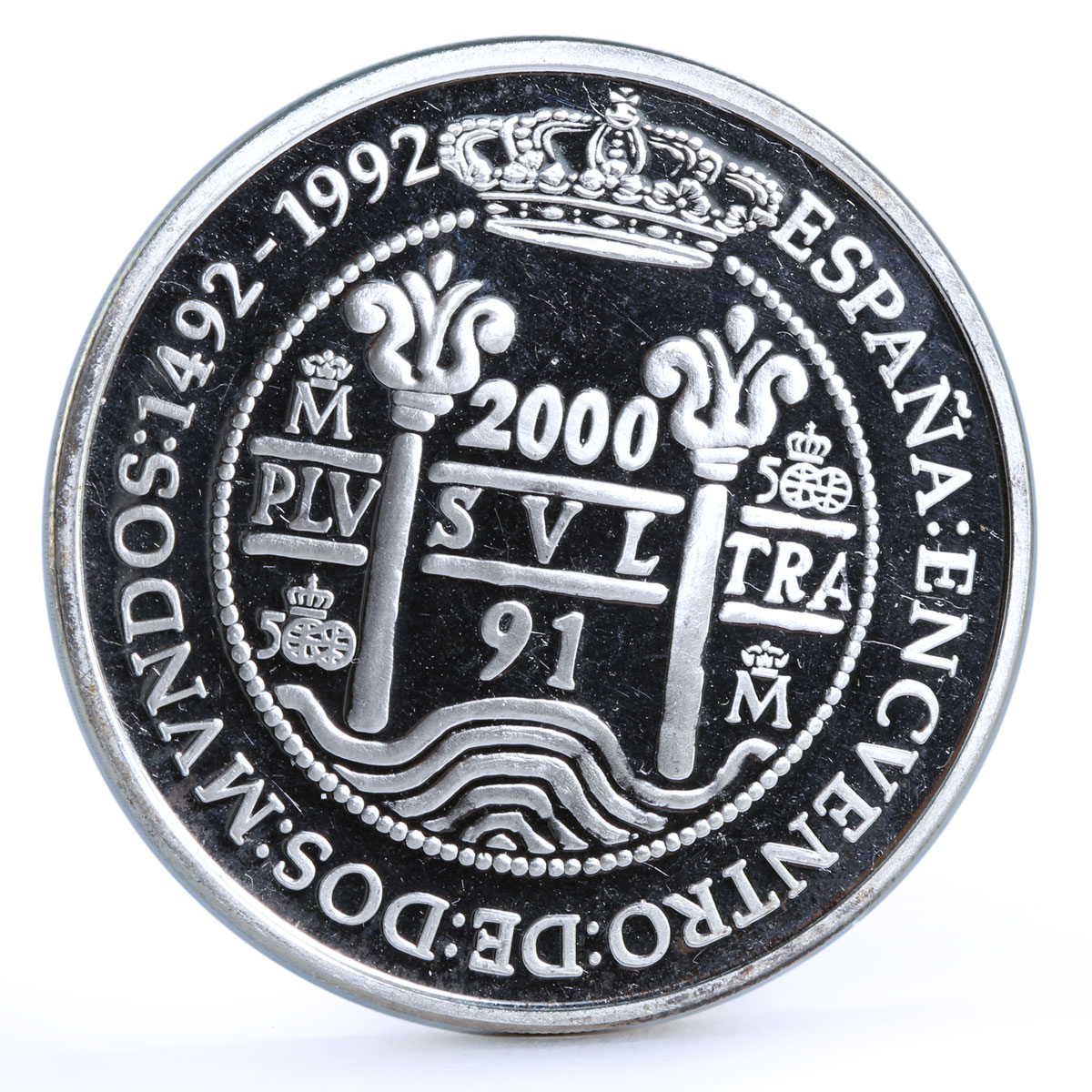 Spain 2000 pesetas Encounter of Two Worlds Juan Carlos I proof silver coin 1991