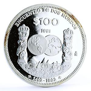 Mexico 100 pesos Ibero America Encounter of Two Worlds Ships silver coin 1991