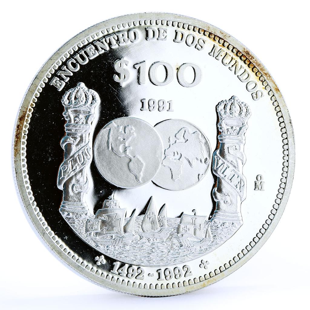 Mexico 100 pesos Ibero America Encounter of Two Worlds Ships silver coin 1991