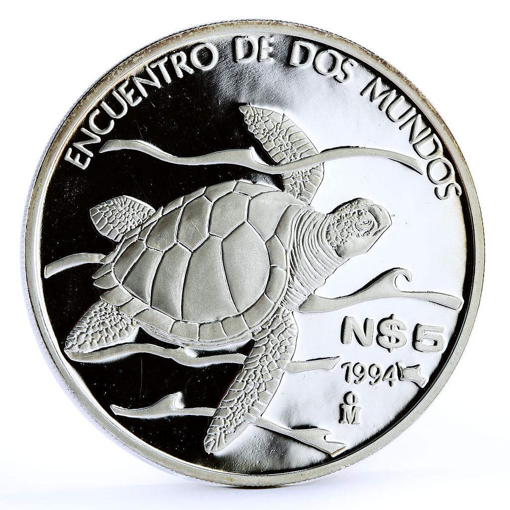 Mexico 5 pesos Pacific Ridley Sea Turtle proof silver coin 1994