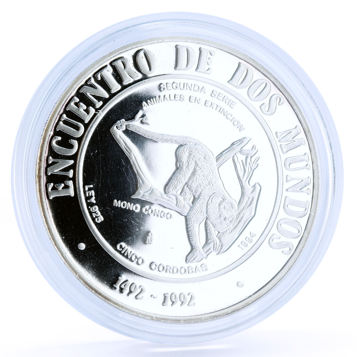 Nicaragua 5 cordobas Ibero America Congo Monkey Fauna Animals silver coin 1994