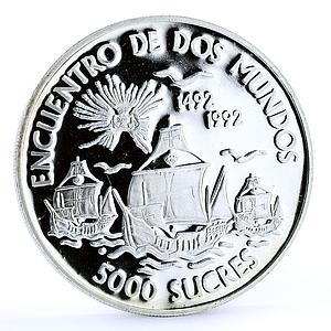 Ecuador 5000 sucres Columbus Seafaring Ships Clippers proof silver coin 1991