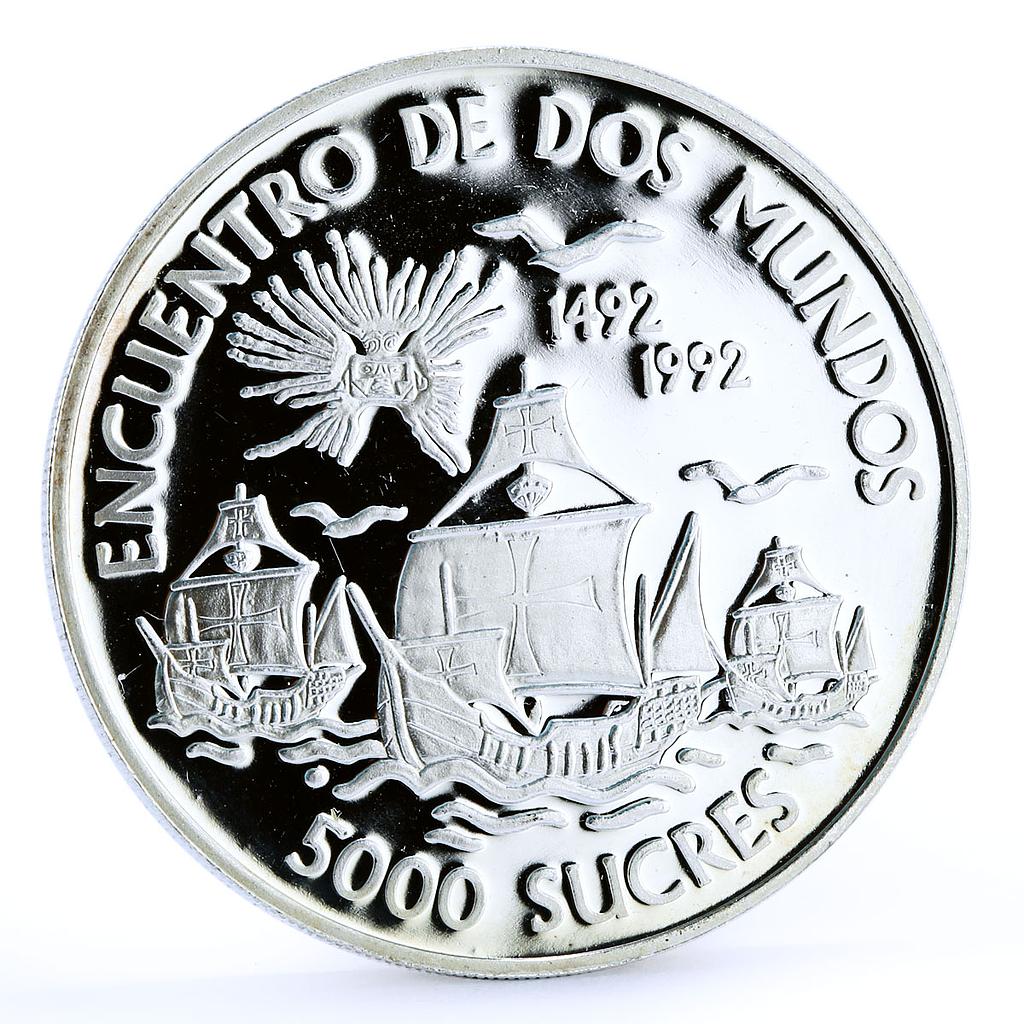 Ecuador 5000 sucres Columbus Seafaring Ships Clippers proof silver coin 1991