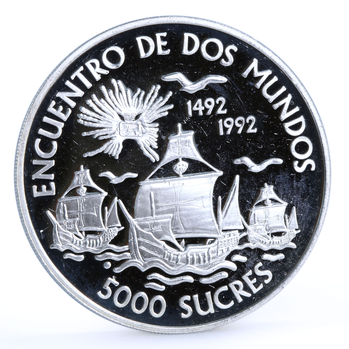 Ecuador 5000 sucres Columbus Seafaring Ships Clippers proof silver coin 1991