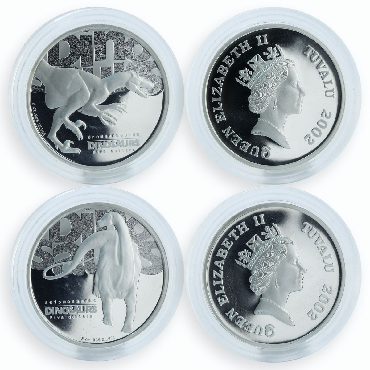 Tuvalu 5 dollars Dinosaur Series Four Silver Proof Coins Set 2 oz 2002
