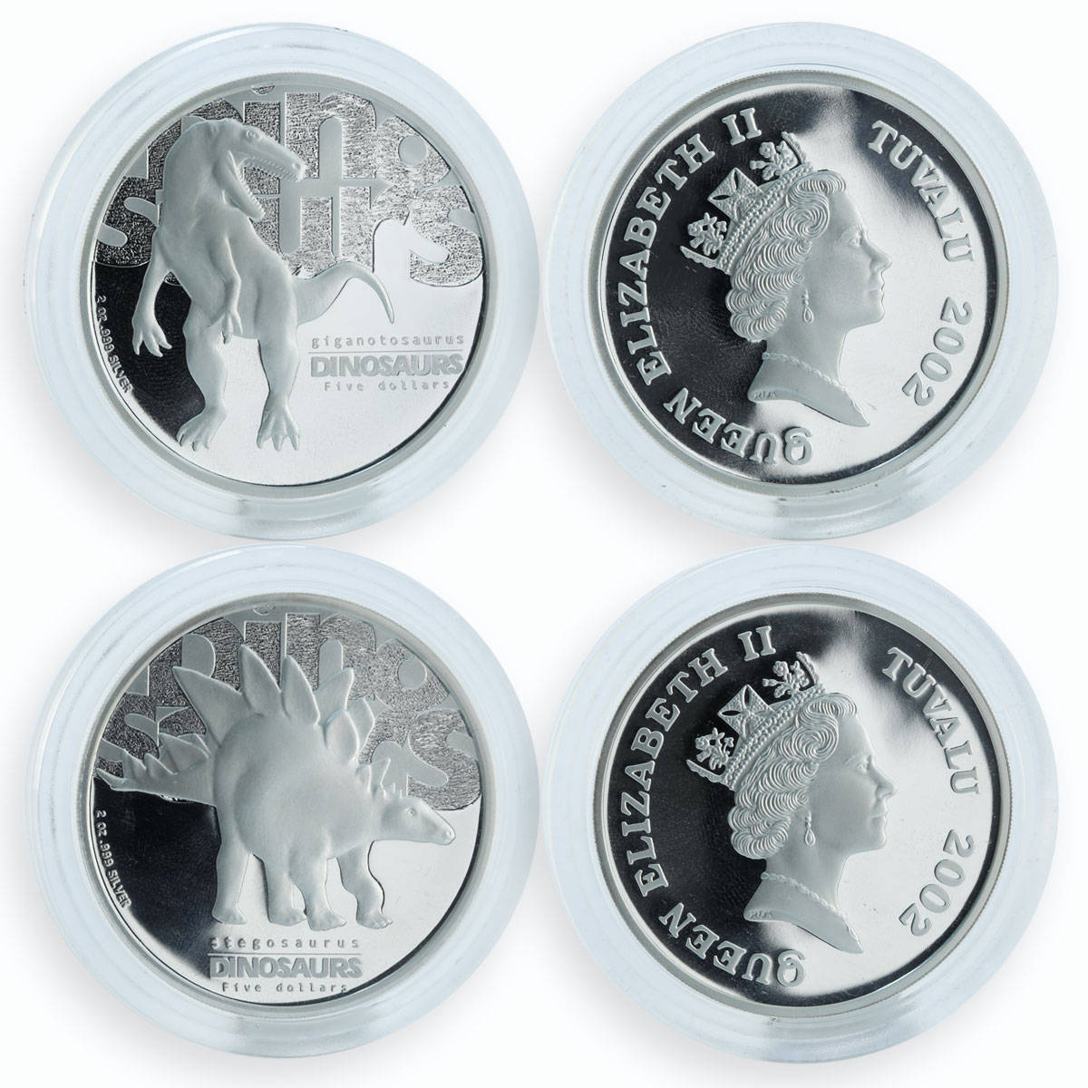 Tuvalu 5 dollars Dinosaur Series Four Silver Proof Coins Set 2 oz 2002