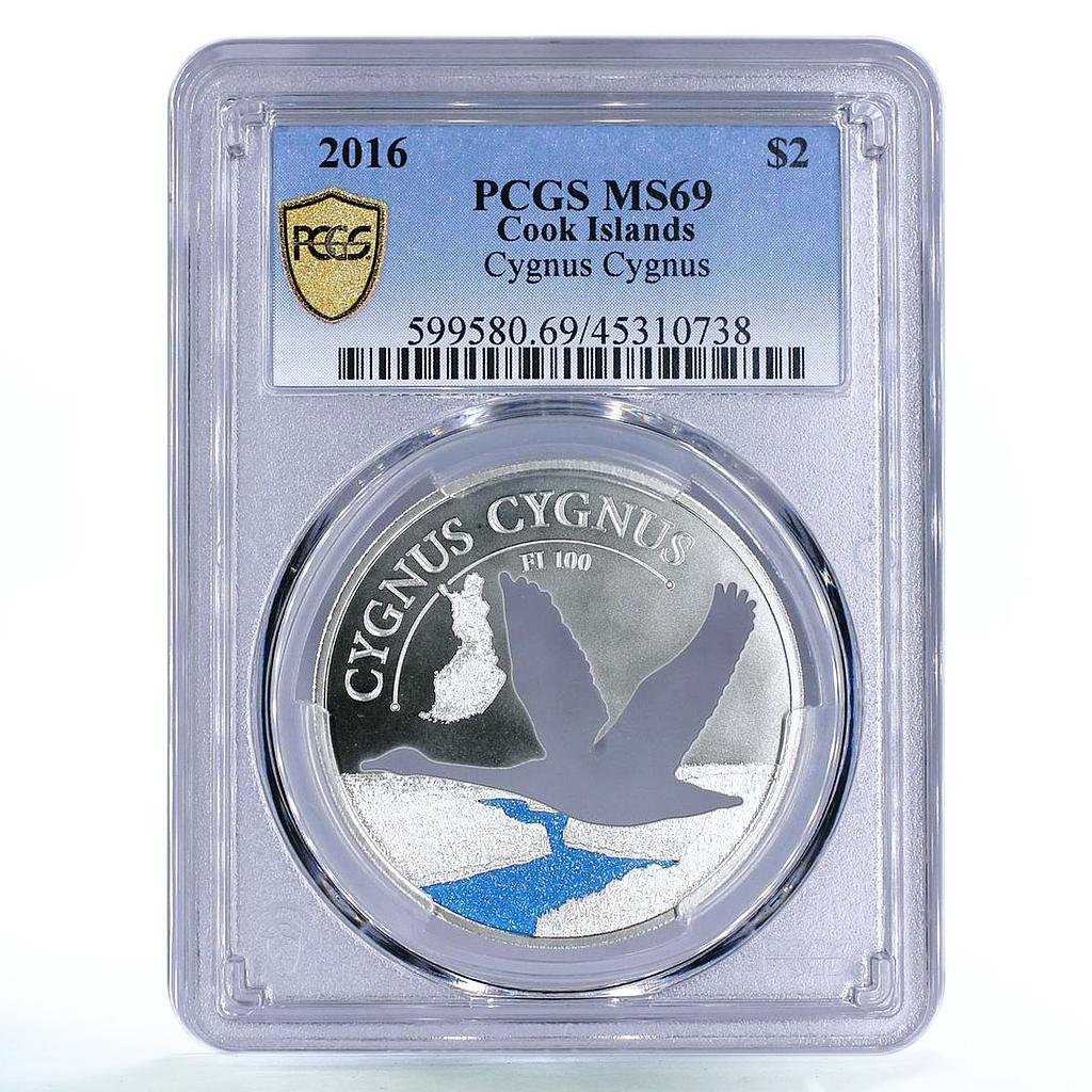 Cook Islands 2 $ Cygnus Sapphire Swan Bird Fauna MS69 PCGS silver coin 2016