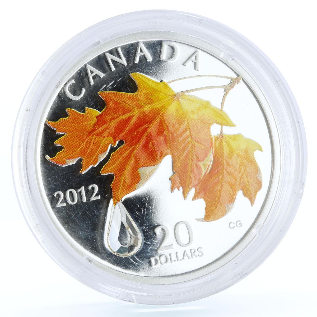 Canada 20 dollars Flora Maple Tree Leaf Raindrop colored proof silver coin 2012