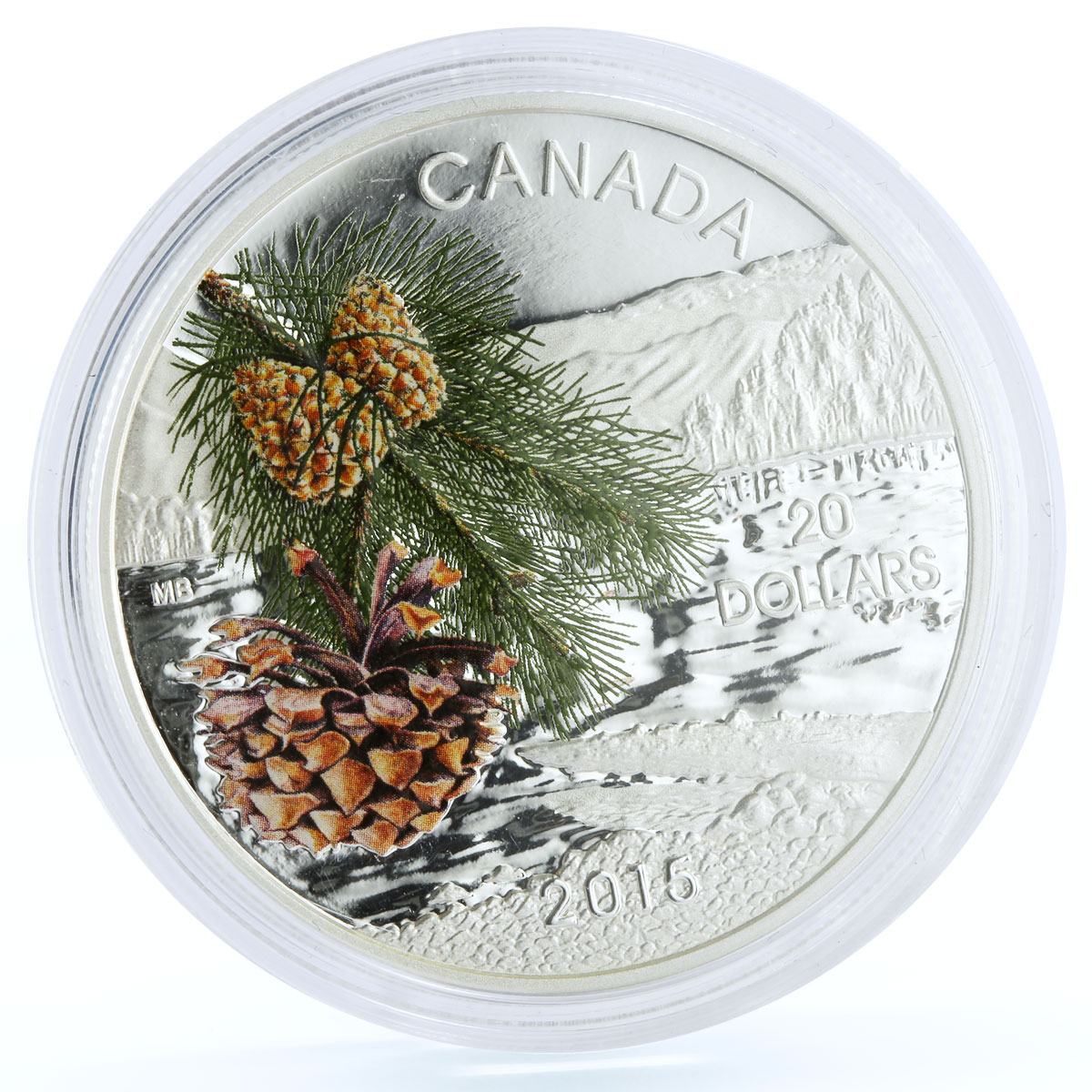 Canada 20 dollars Flora Coast Shore Pine Cone colored proof silver coin 2015