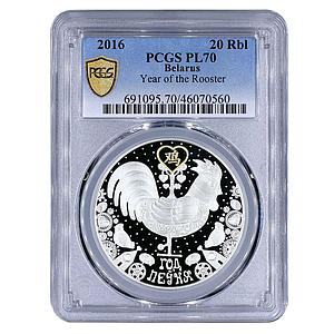 Belarus 20 rubles Year of the Rooster Animal Fauna PL70 PCGS gilded Ag coin 2016