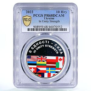 Ukraine 10 hryvnias In Unity Strength Countries Flags PR68 PCGS silver coin 2022